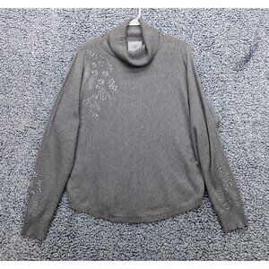 Liv Milano Turtleneck Sweater Womens LG Floral Rhinestone Dolman Sleeve Gray